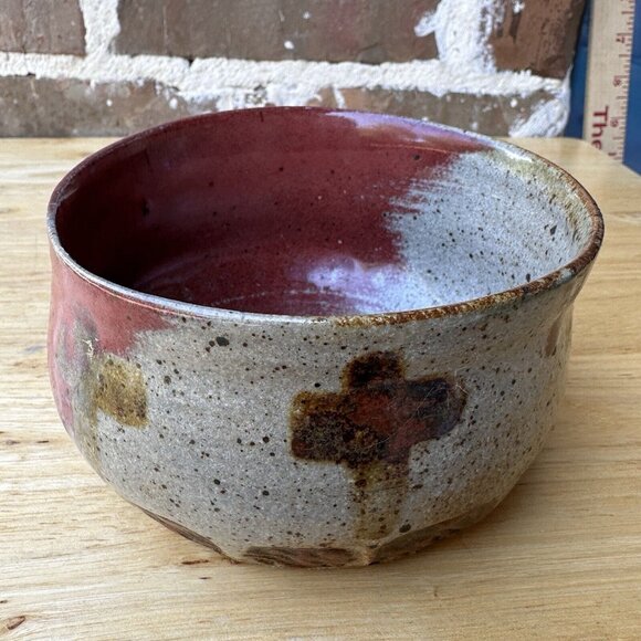 Empty Bowls‎ Art Pottery Bowl Red Beige Cross Motif Speckled 4.5" x 2.75" Signed - Picture 4 of 13
